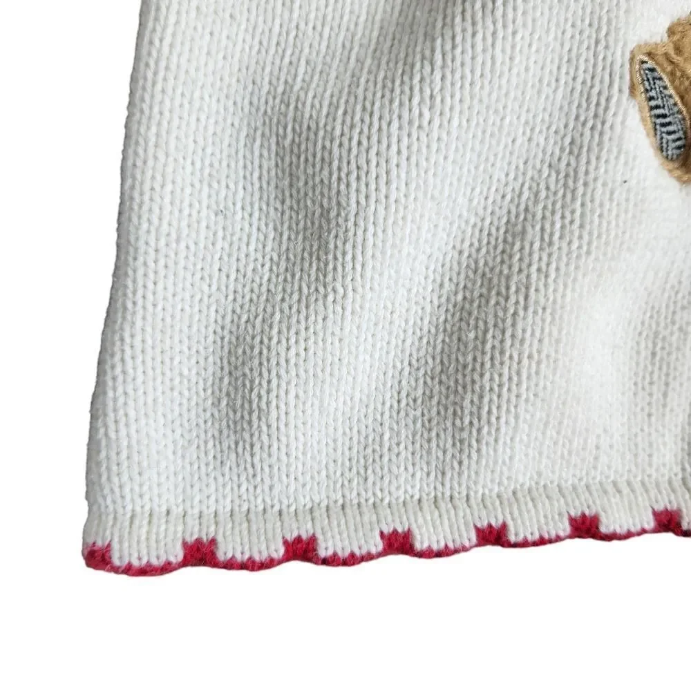 Talbots Kids Sweater 24 Months Teddy Bear Knit Ivory Red Edging - Picture 2 of 6